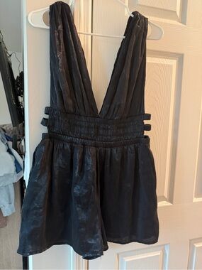 Black Sleeveless Deep V Romper with Smocked Waist